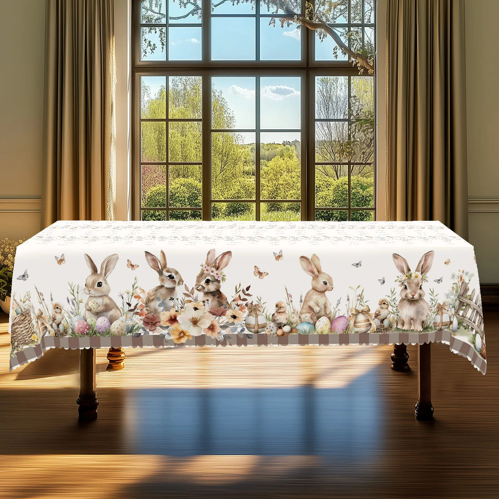 Cute Easter Themed Grey Rabbit Tablecloth - 1pc Spring Floral Print with Embossed Edge, Spring Outdoor Garden