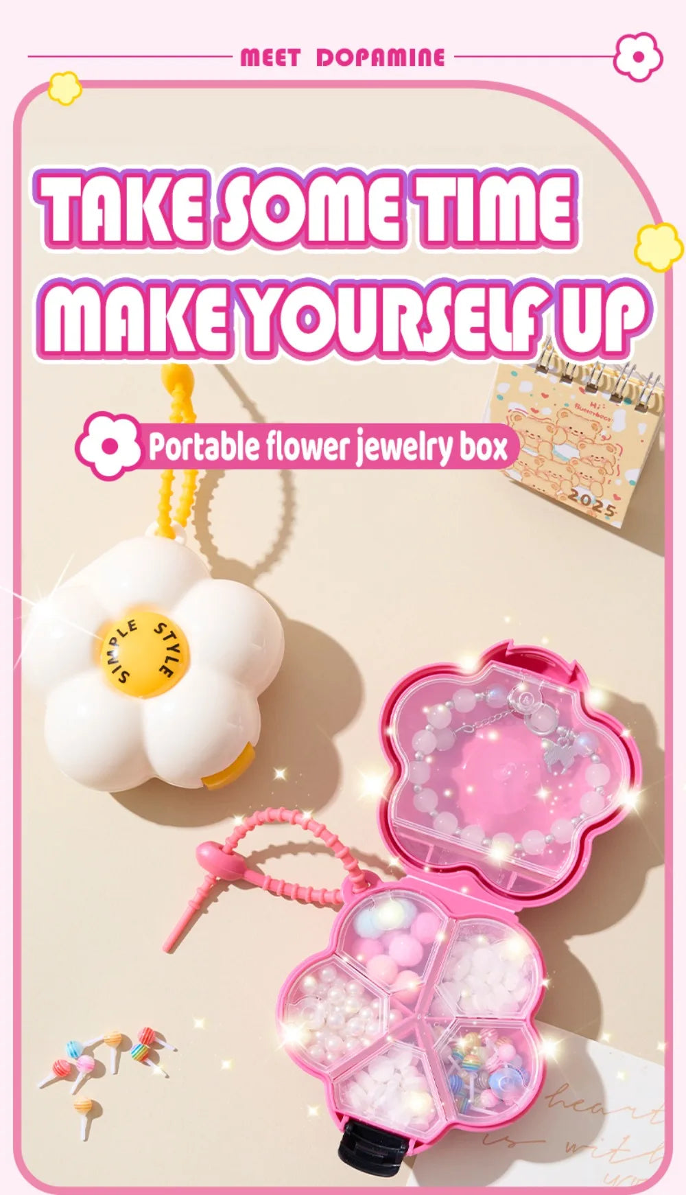 Cute Flowers Storage Box Pendant Dopamine with Dividers Jewelry Case Waterproof Plastic Medicine Box Travel