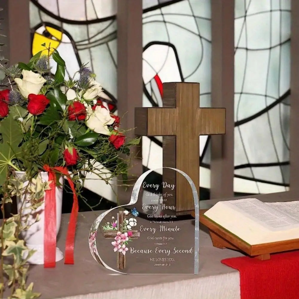 Heart-Shaped Bible Verse Acrylic Decor – Boho Cross &amp;