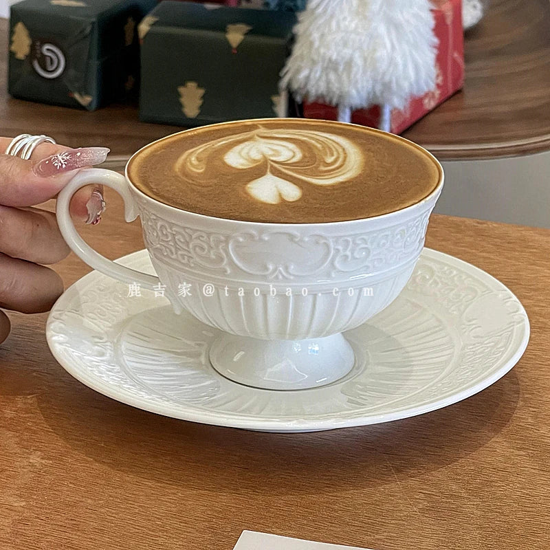 French Retro Relief Flower Cup and Dish Set, Ceramic Coffee Cup, Afternoon Tea Latte Cup, Artistic Home Decoration, Holiday Gift