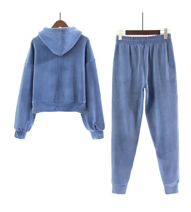 Thickened Gold Velvet Long Sleeved Hooded Sweatshirt with Lace Up Leg Ties Two Elegant Women's Pants Set Tracksuits