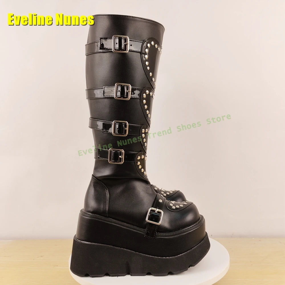 Heart Platform Wedge Knee High Boots Pink Round Toe Thick Sole