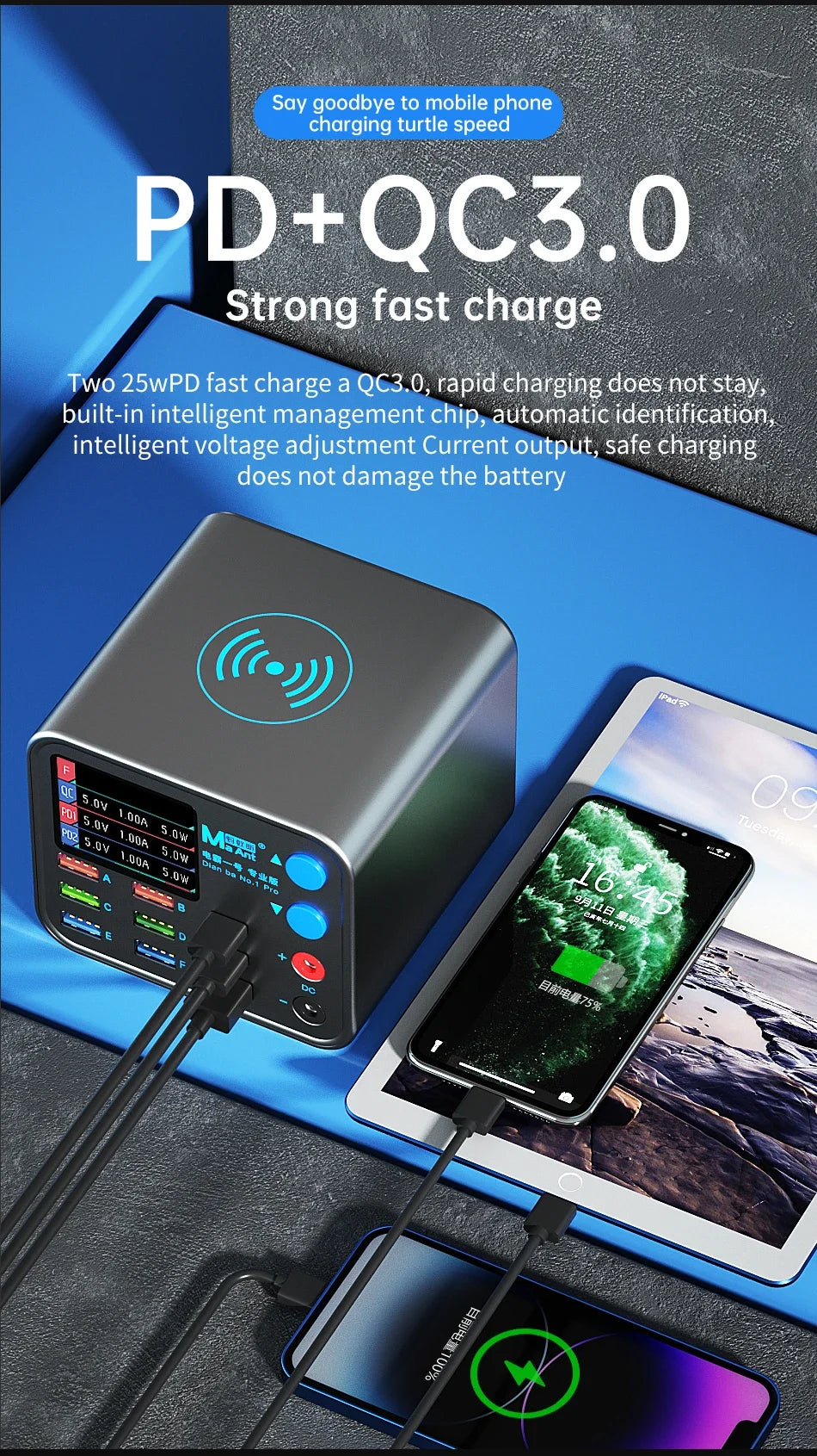 Multi-function Dianba NO.1 Pro 200W 20V 5A PD QC3.0 Fast Wireless Charger 8 Port USB Type C Mobile Phone Charger Desktop Hub