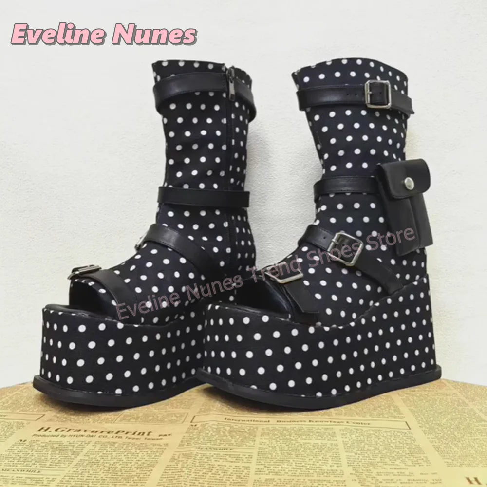 Vintage Polka Dot Platform Summer Boots Peep Toe Multi Buckle Mini