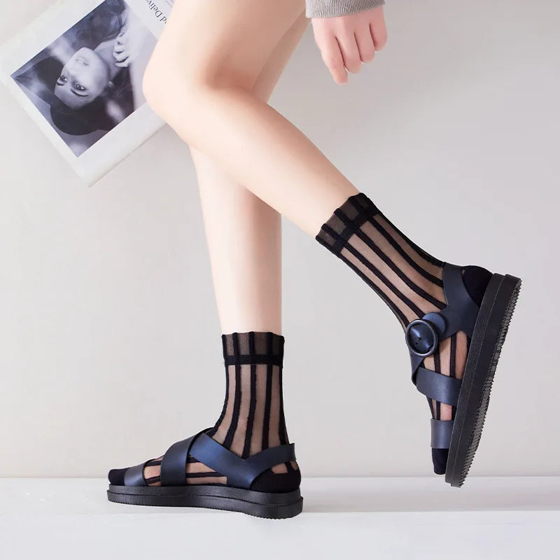 Fashion Striped Summer Socks Women Ultra-thin Transparent Crystal Silk Socks Korean Style Harajuku Streetwear Nylon Long Socks