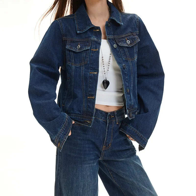 OIQERE Women Classic Dark Denim 2‑Piece Set Y2K Streetwear Lapel