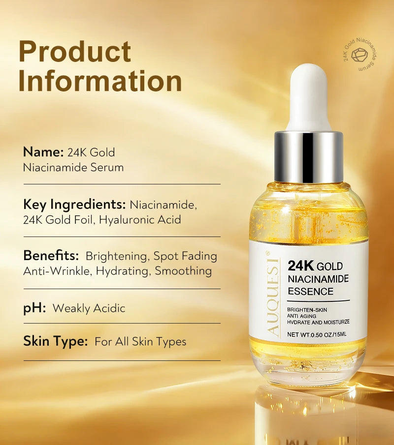 AUQUEST Niacinamide Face Serum Whitening Dark Spot Remover 24K Gold Serum Hyaluronic Acid Anit-Wrinkle Facial Serum Skin Care