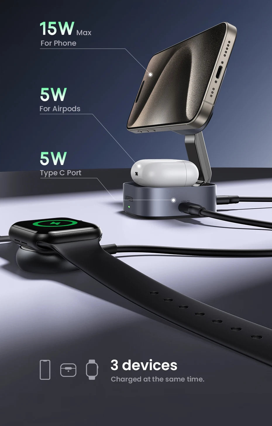 BR Sale UGREEN 15W Magnetic Wireless Charger 2-in-1 Charging Stand For iPhone 16 17 Pro Max/AirPods For Magsafe Fast Charger