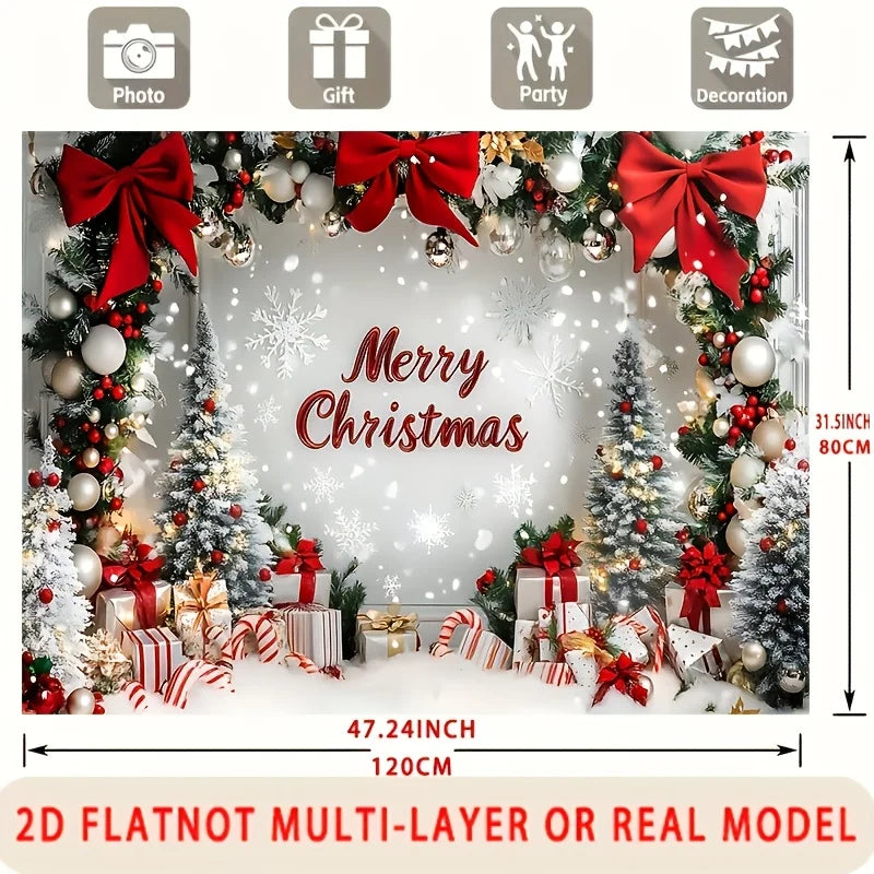 1 festive Christmas party banner with snowy landscape, decorative bow and wrapped gifts for home and room wall decoration