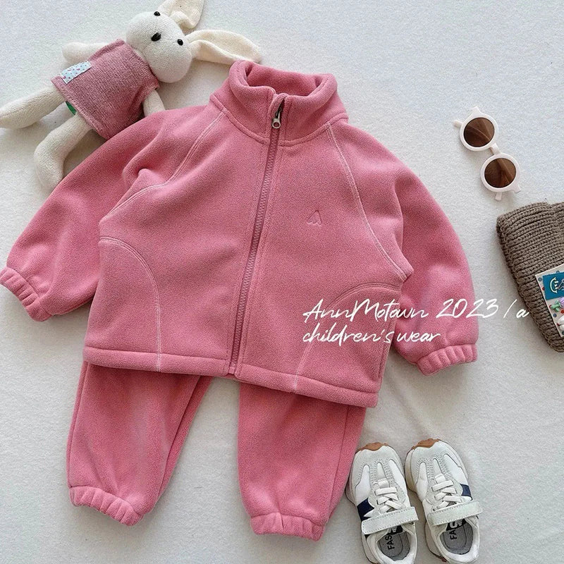 Children's Polar Fleece Suit Zipper Tracksuit Set for Boy Girl Baby Clothes Fall Winter Insulated Sweatshirt Pants Sportwear