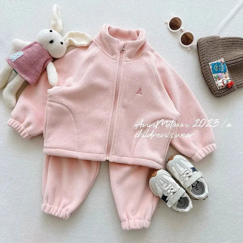 Children's Polar Fleece Suit Zipper Tracksuit Set for Boy Girl Baby Clothes Fall Winter Insulated Sweatshirt Pants Sportwear