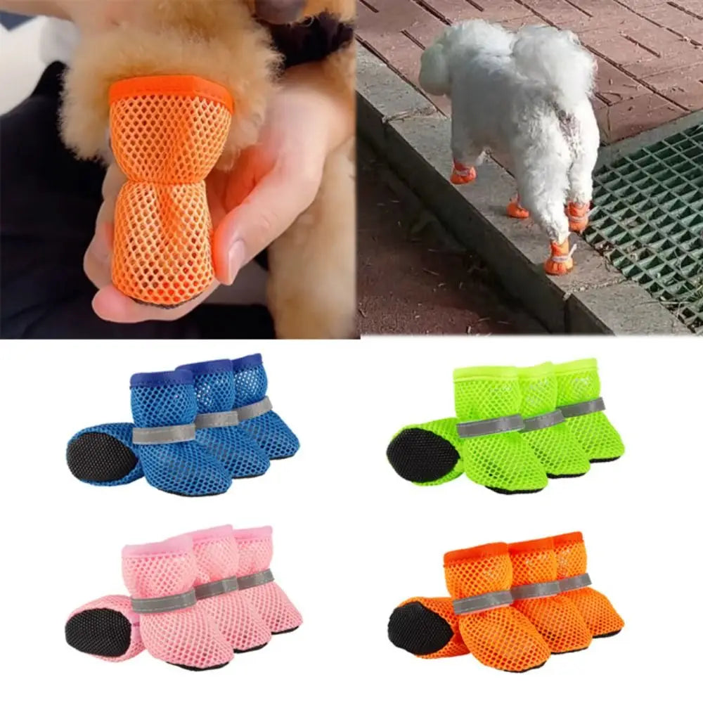 4pcs/set Fashion Breathable Dog Mesh Shoes Non-slip Reflective Dog Net Shoes Wear Resistant Hollow Out Dog Shoes Summer