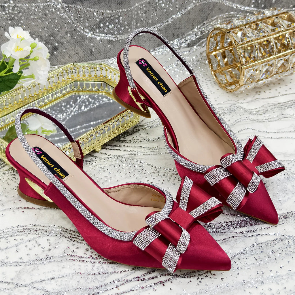 Wine Pointed-Toe Rhinestone Shoes and Bag Set