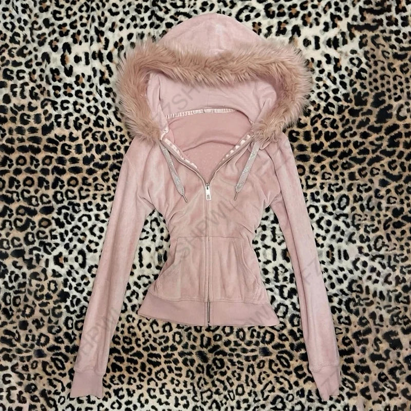 Women's 2025 Gothic Aesthetic Autumn Winter Fur Collar Hoodie Casual Slim Chic Design Cardigan Sweatshirt 2000s Harajuku Clothes