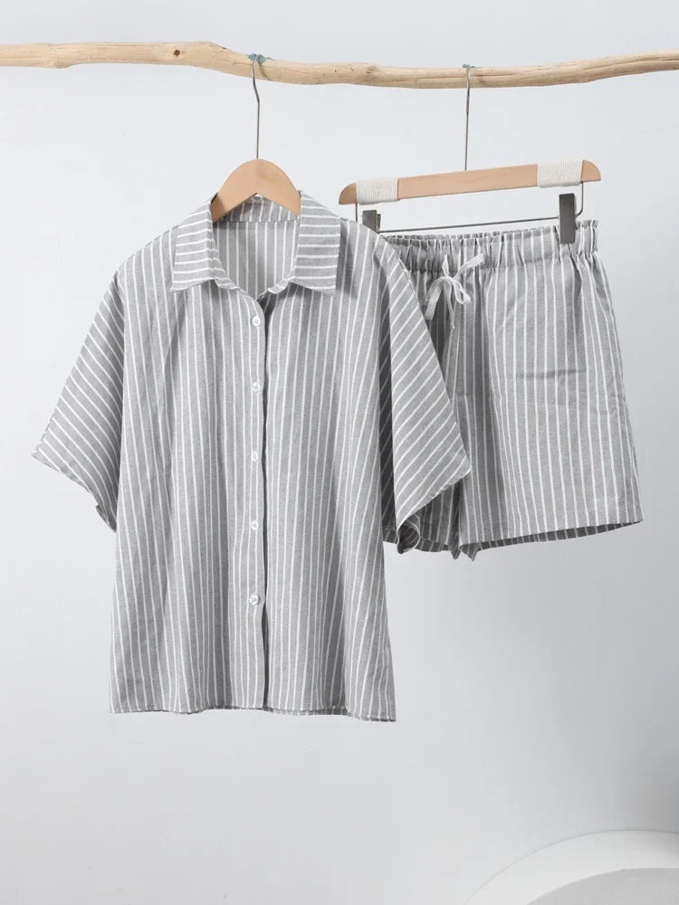 Casual Women's Loose Striped Shirt Shorts Suit Lace Up Lapel Shirts Fashion Lady Set 2025 Summer 2 Pieces Set Women Outfits