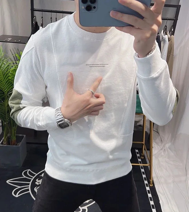 Slim Fit Black Hoodieless Sweatshirt for Men Round Neck Pullover White Male Clothes Crewneck Emo High Quality S Luxury Cheap Top