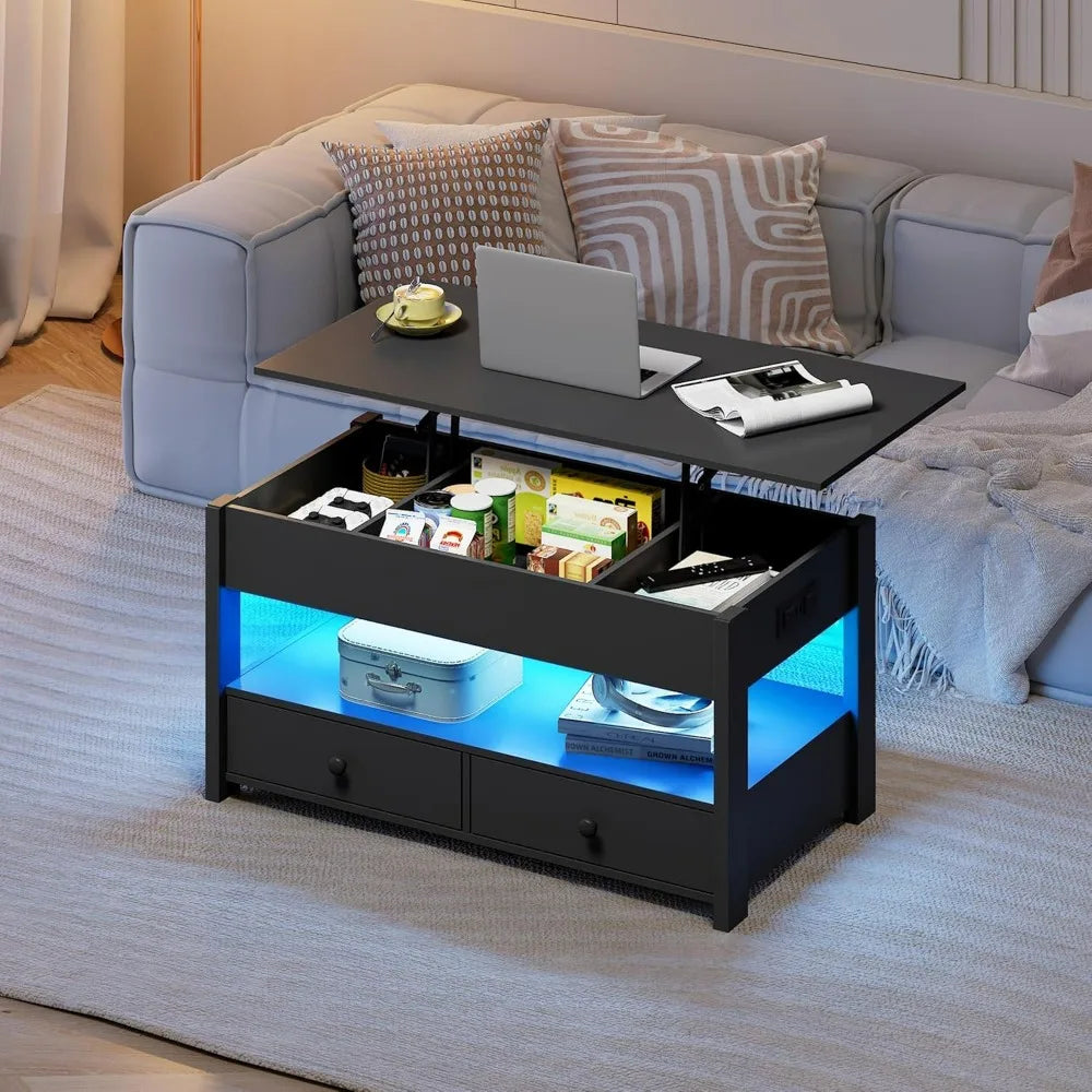 WLIVE Black Lift Top Coffee Table with 2 Drawers