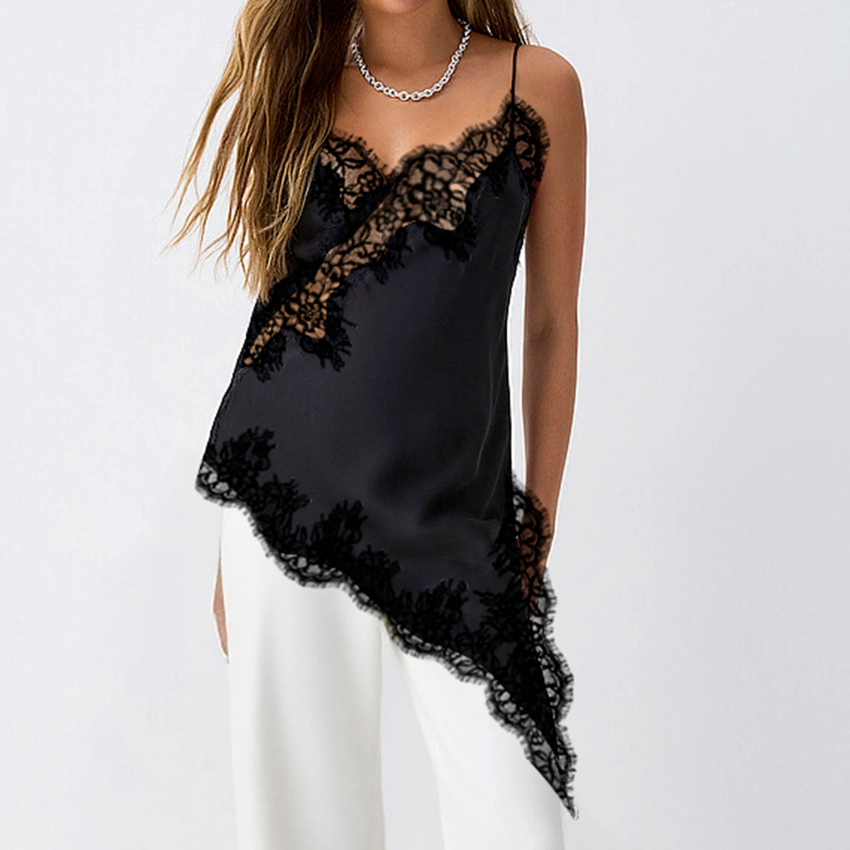Xingqing Y2K Long Camisole Tops Women Stylish Solid Color Lace