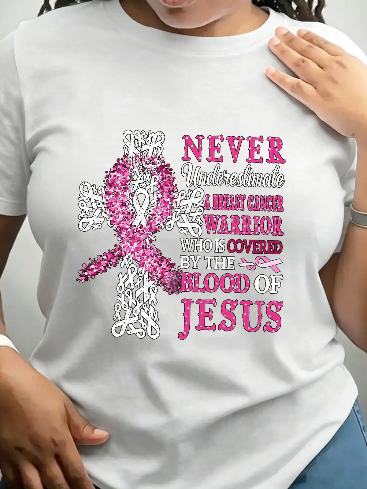 Women's Trendy Crew Neck T-Shirt Pink Ribbon Breast Cancer