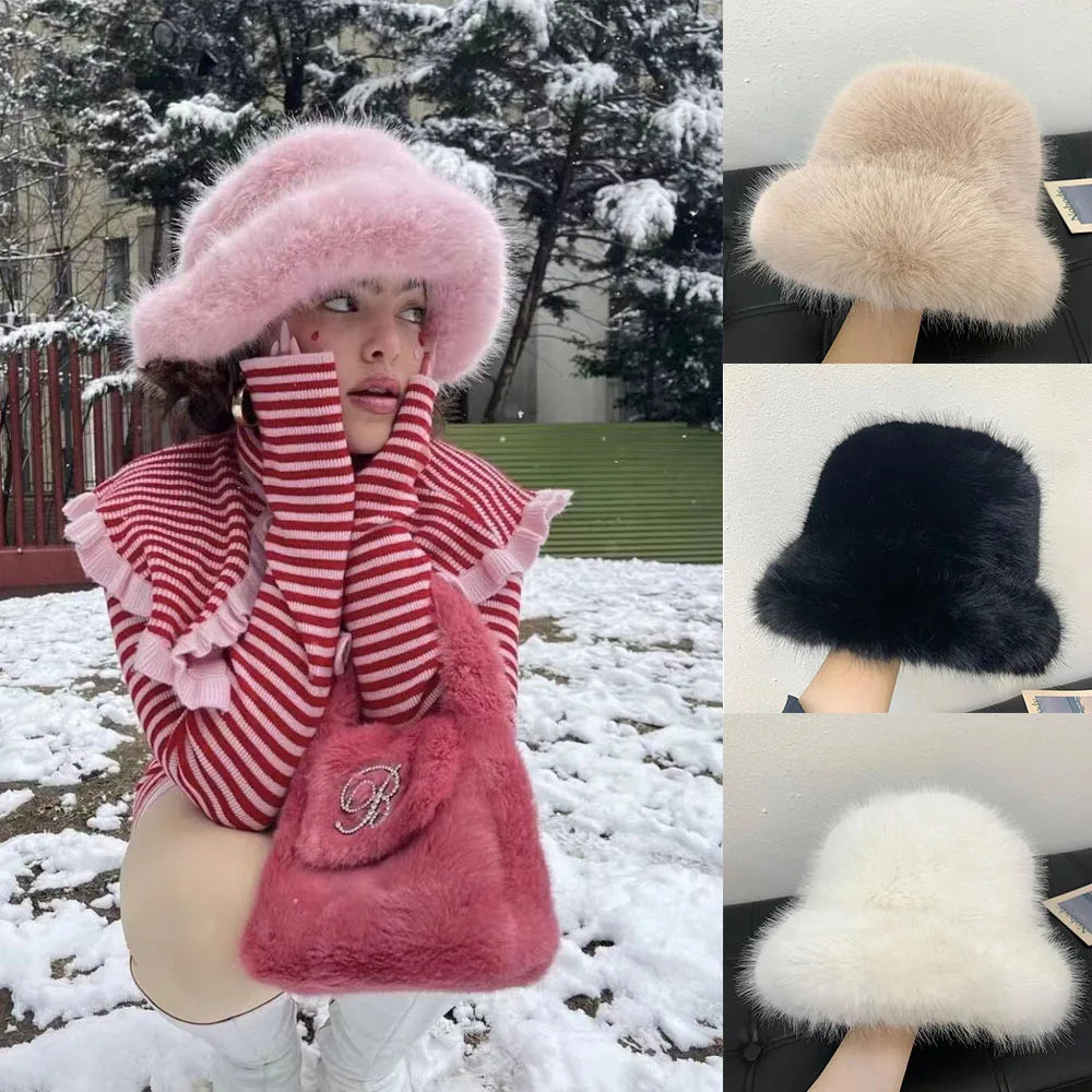 Y2K Fluffy Faux Fur Bucket Hat Women Rabbit Fur Warm Thick Plush