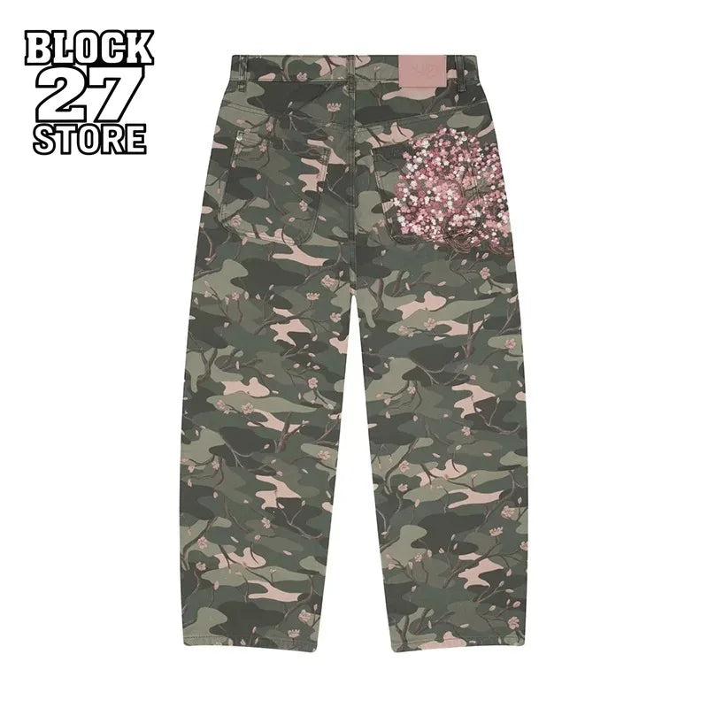Mens Jeans Y2K Sakura Embroidery Camo Denim Pants Harajuku Unisex