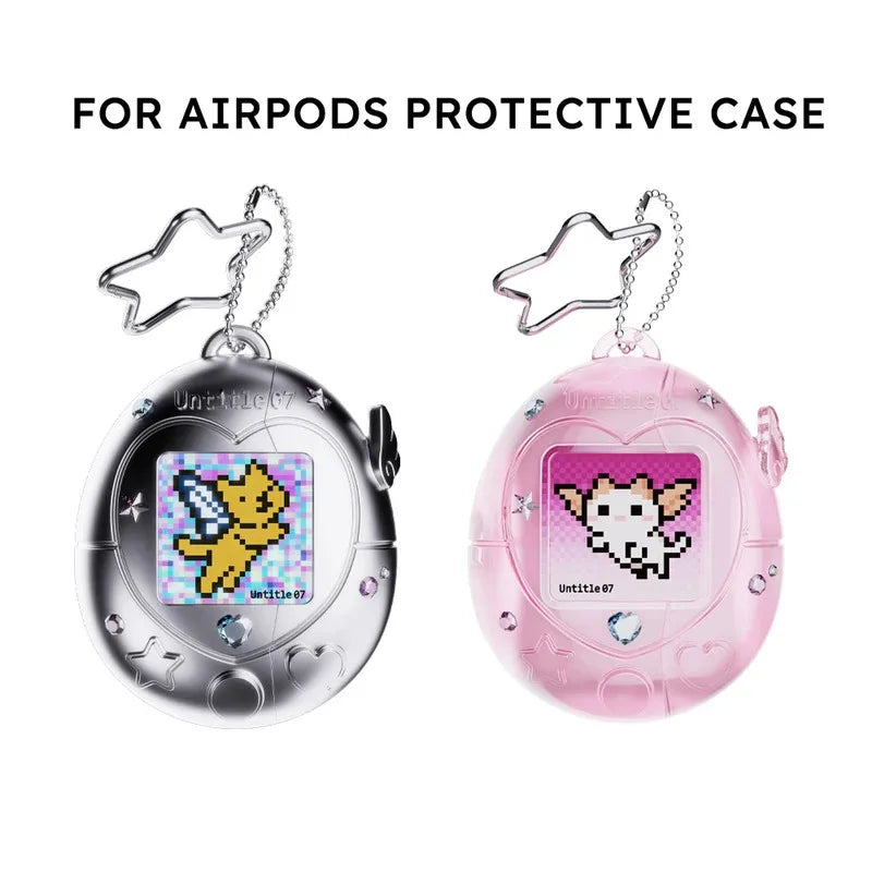 Cute Tamagotchi Airpods Pro 2 1 Case, Star Lanyard Silicone Earphone Storage Bag, Pink Transparent Aesthetic Desktop Ornament