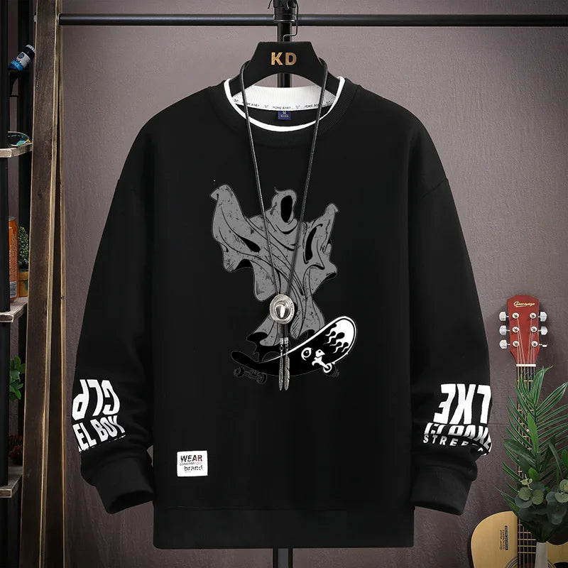 Spring  Autumn Men's Sweatshirt Japan Cartoon Cat Sportswear Long Sleeved O Neck T-shirt  Harajuku High Street Men Clothing 2024