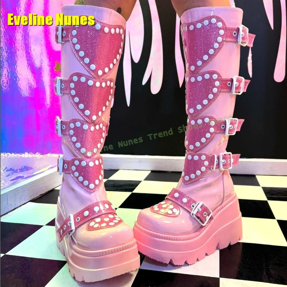 Heart Platform Wedge Knee High Boots Pink Round Toe Thick Sole