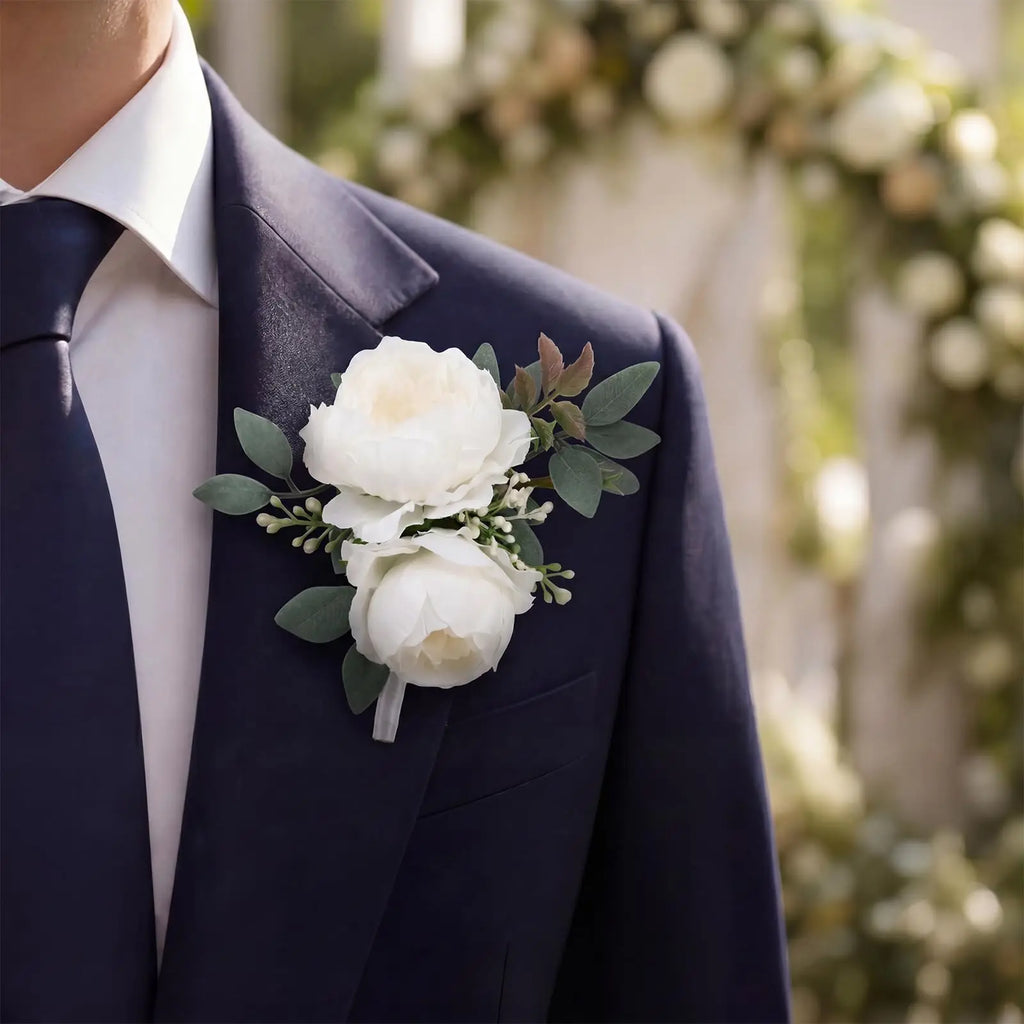 White Peony Boutonniere Set for Men