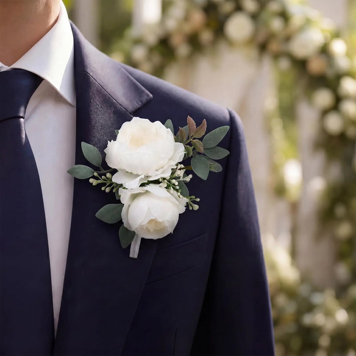 White Peony Boutonniere Set for Men