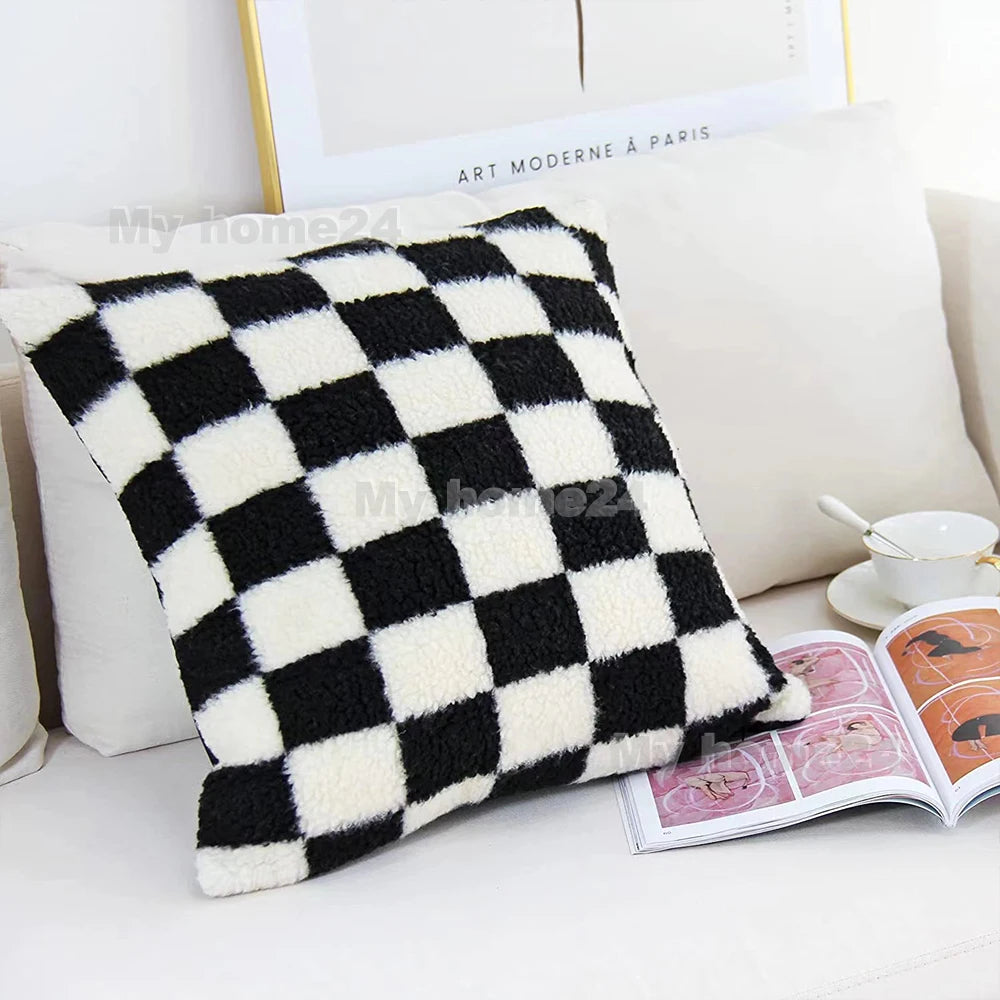 1Pc 45*45cm 50*50cm Checkerboard Plaid Plush Cushion Cover Knitted Car Sofa Throw Pillow Cover Short Fleece Pillowcase Cushion