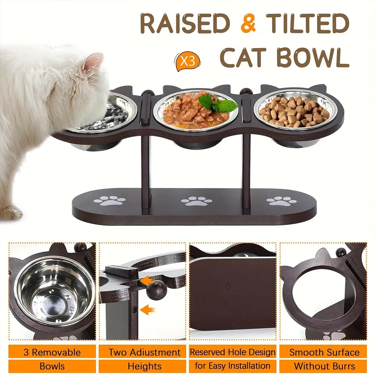 Elevated Cat Bowls Raised Cat Food Bowls 15° Tilted Pet Bowl With 3 Stainless Steel Bowls Wood Bracket For Cats Puppy Small Dogs