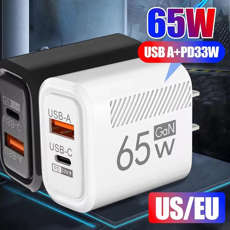 65W GaN Fast Charging USB Type C Charger US EU Plug PD 3.0 Quick