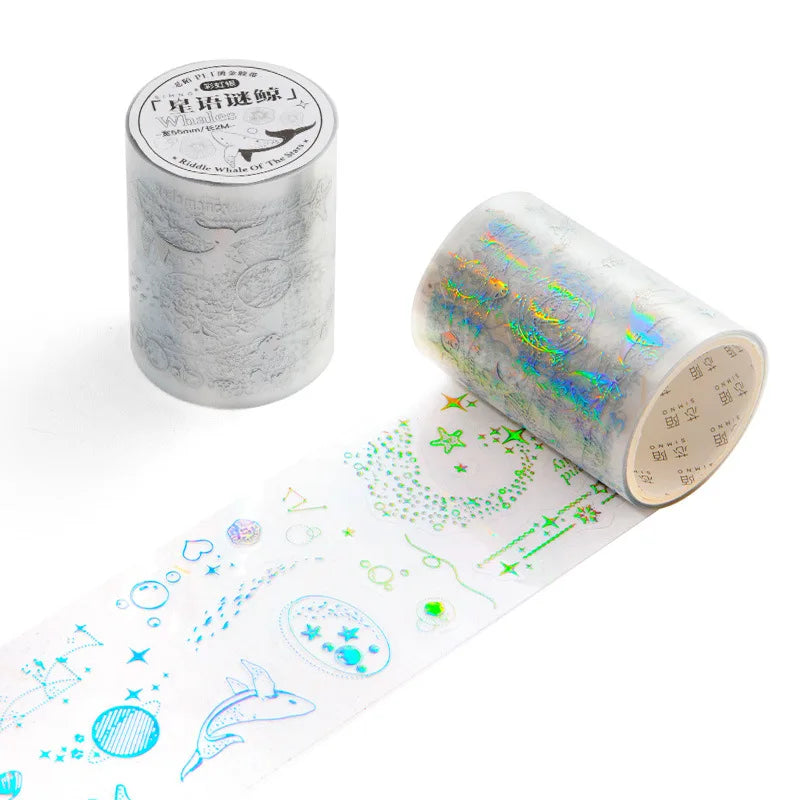 5.5*200cm 1roll Metallic PET Tape for Journaling, Laser Gold/Silver Decorative Stickers, DIY Scrapbook Washi Supplies
