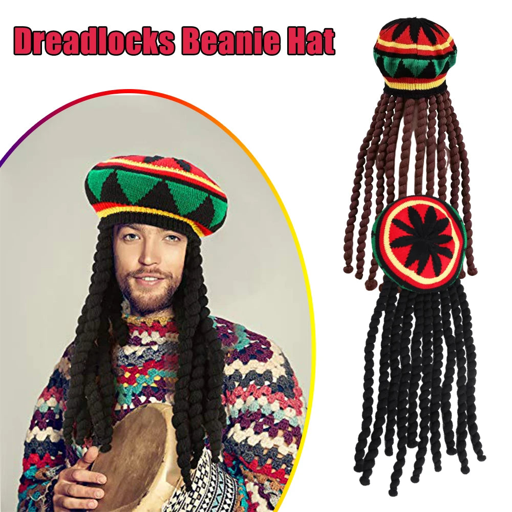 Unisex Dreadlocks Beanie Hat with Fake Braids Jamaican Rasta Reggae Cap Crochet Knitted Skull Cap for  Halloween Christmas Party