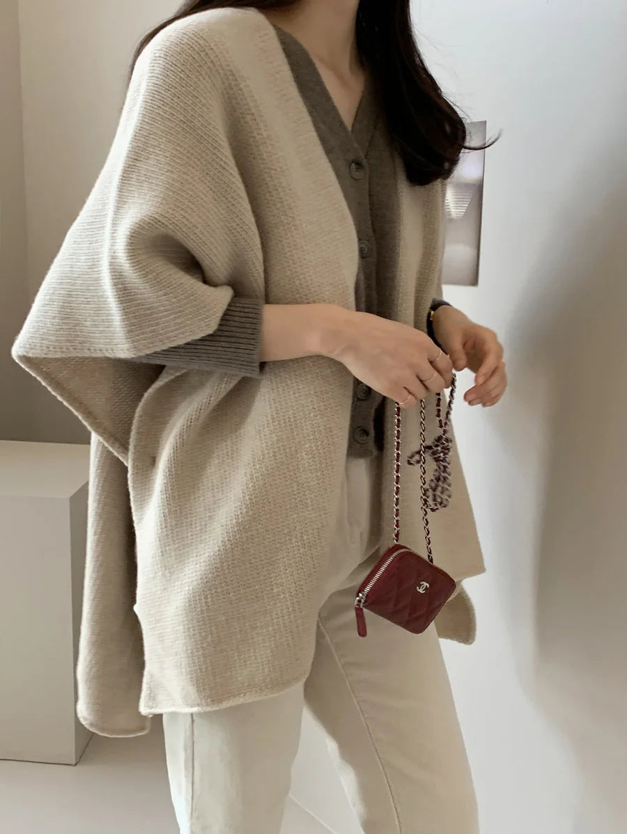 Fashion Elegant Knitted Shawl Jacket Korean Style Women's Casual Loose Warm Cloak Top Solid Color Knitted Cardigan Sweater Coats