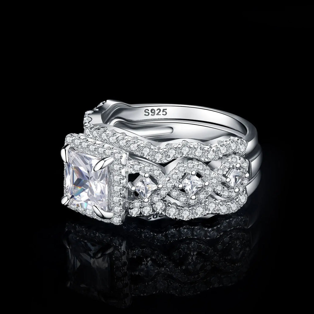 3-Pc 925 Sterling Silver Halo CZ Ring Set