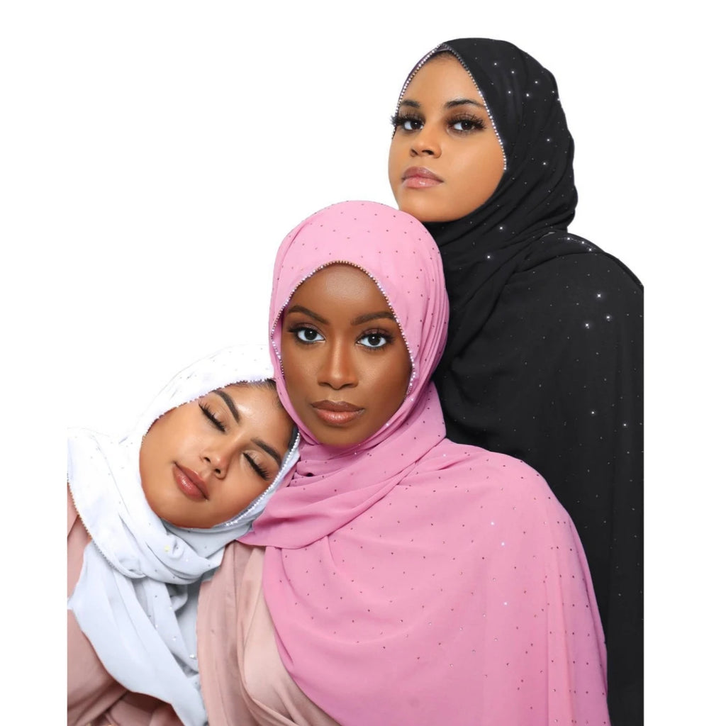 India Popular Hijab Rhinestone Chain Design Chiffon Soft Scarves Shiny Stone Wraps Elegant Foulard Muslim Women Party Scarf