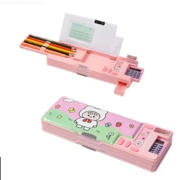 Kids Multifunctional Pencil Case with Calculator, Desk Organizer for Pens, Pencils, Markers, Office Supplies, Pink and Purple De
