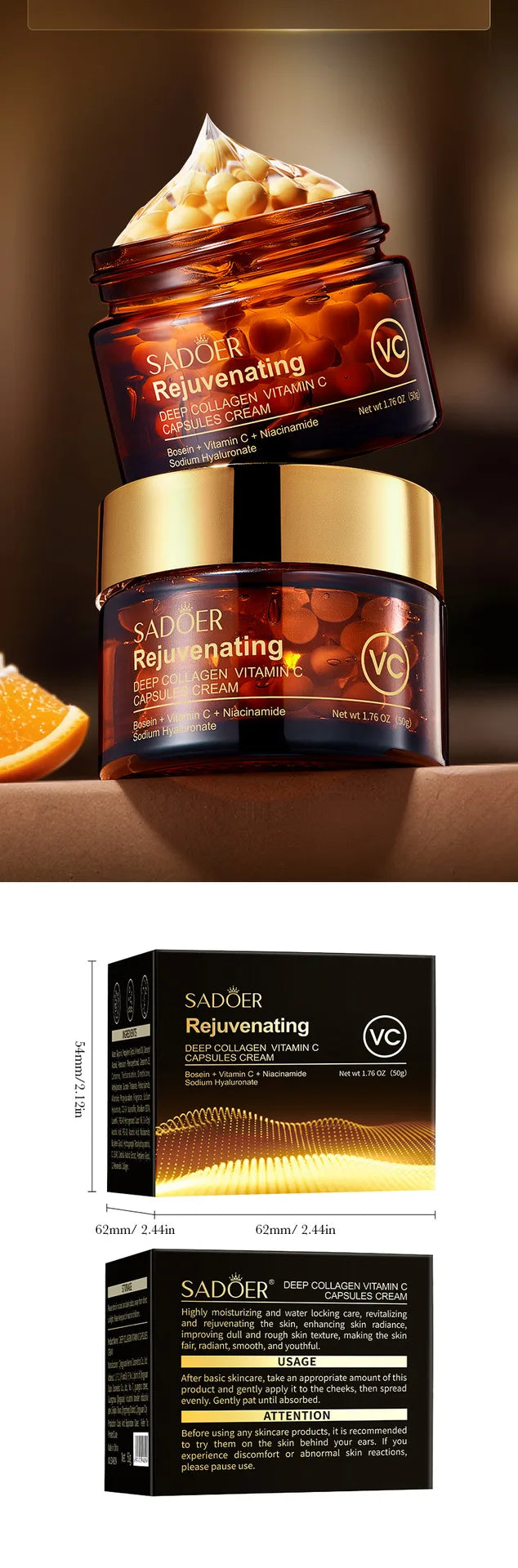 SADOER Vitamin C Capsule Face Cream Whitening Moisturizing Anti-Aging Anti Wrinkles Facial Cream Face Skin Care Products