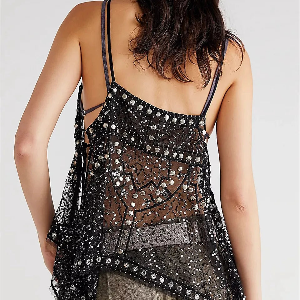 Women Y2k Sequin Mesh Tank Top V Neck Beaded Halter Cami Crop - - 2
