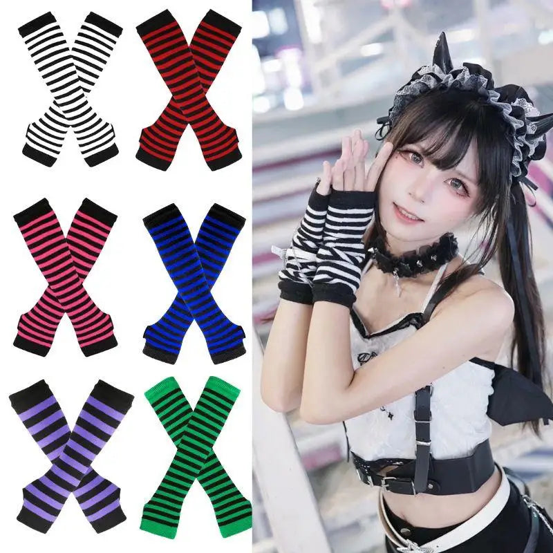 Y2K Gothic Lolita Gloves Black Striped Fingerless Arm Cover