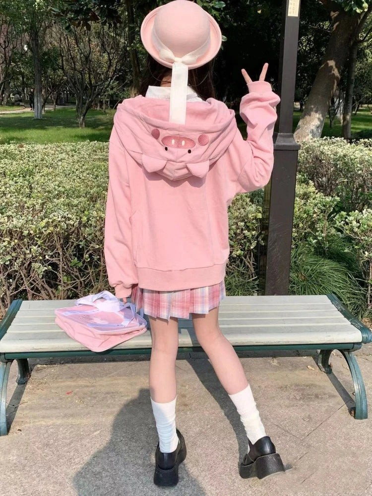 Sweet Pink Piggy Letter Embroidery Hoodies Women Loose Y2k Kawaii Cute Preppy Sweatshirts Fashion Pocket Casual Aesthetic Hoodie