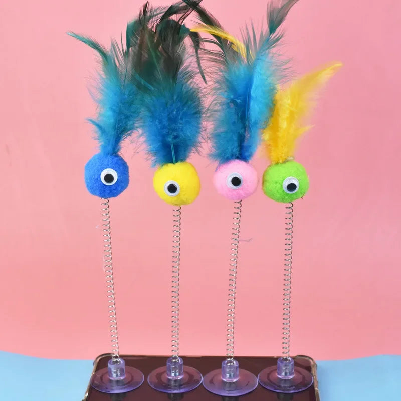 Pet Cat with Spring Toy Interactive Fun Teasing Cat Stick Suction Cup Fur Ball Pet Cat Toy