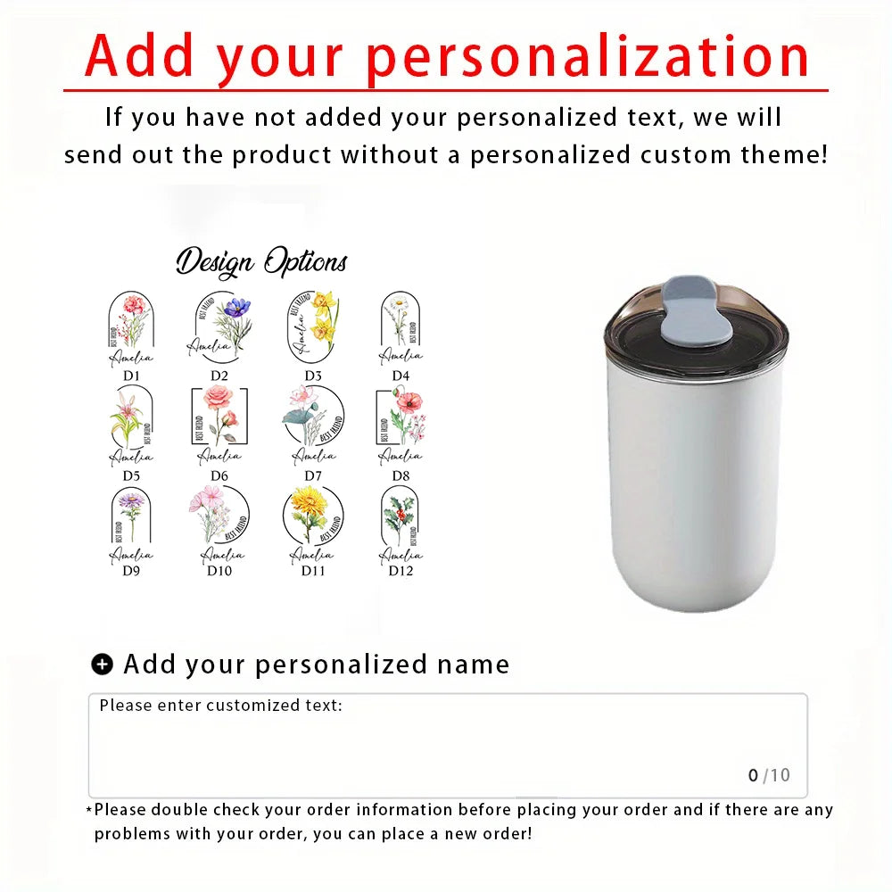 Customizable birthday flower stainless steel water cup,Customized name coffee cup，Birthday、Valentine's Day gift.