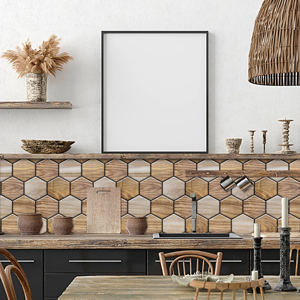 5 Styles Flat Hexagon Marble Embossing Tile Wall Stickers Oil-Proof Kitchen & Bathroom Washbasin Glossy Surface Decorative Mural
