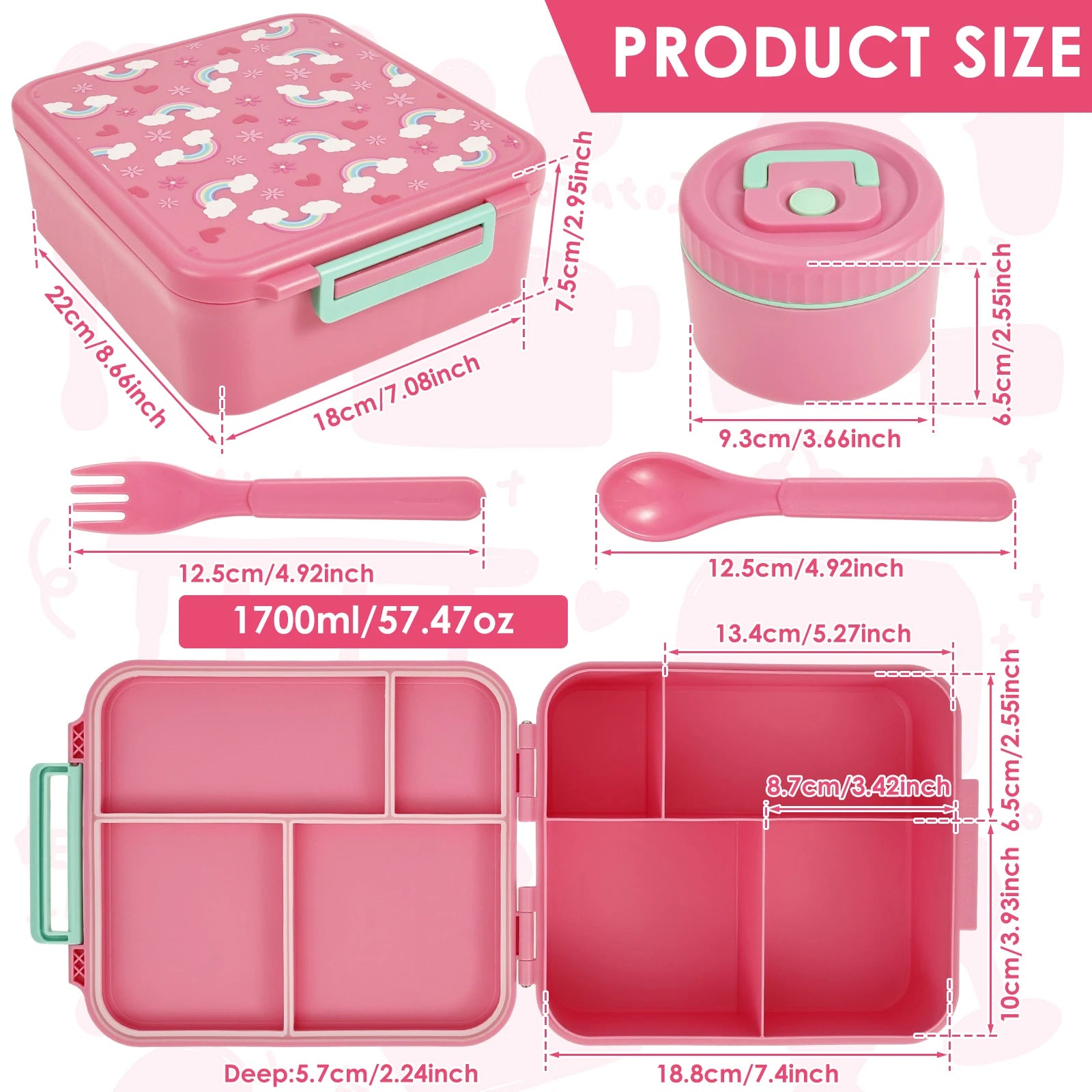 Children and adults outdoor 1700ml large capacity food meal box with four compartments leak proof design and soup can spoon fork