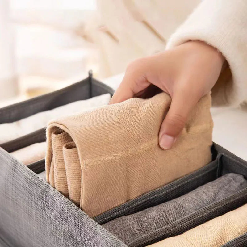 Foldable Fabric Wardrobe Storage Box, Divided Drawer Organizer Bin with Handle, Closet Container for Pants Underwear Clothes