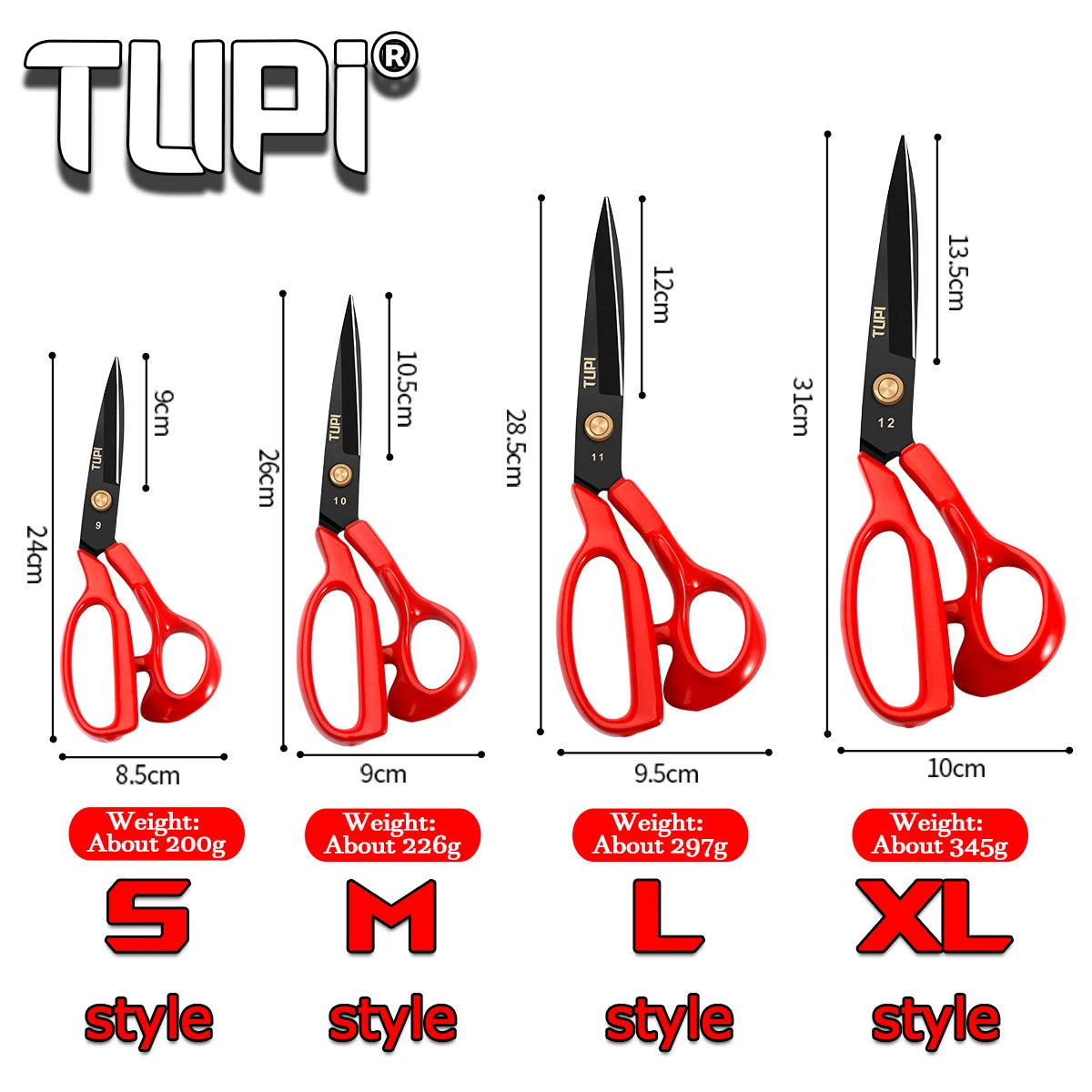 TUPI - Professional Tailor Shears - Heavy Duty Sharp Fabric Scissors for Sewing & Cloth Cutting | with Ergonomic Handles