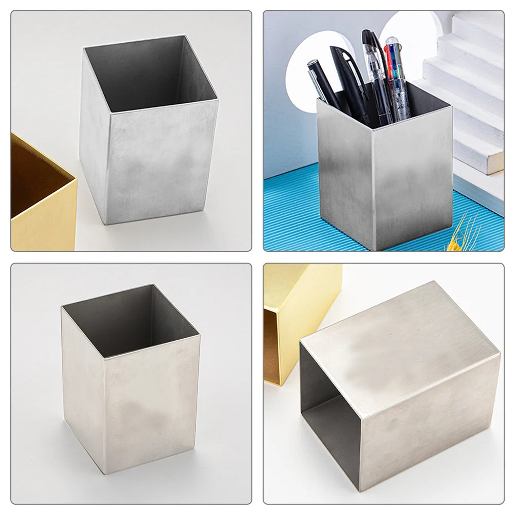 Stainless Steel Storage Box Pencil Cup Desk Organizer Marker Penholder Tableware